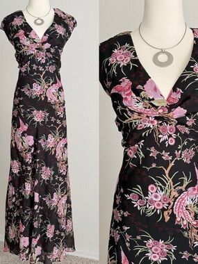 Black Floral Pink Maxi Dress with V-Neck